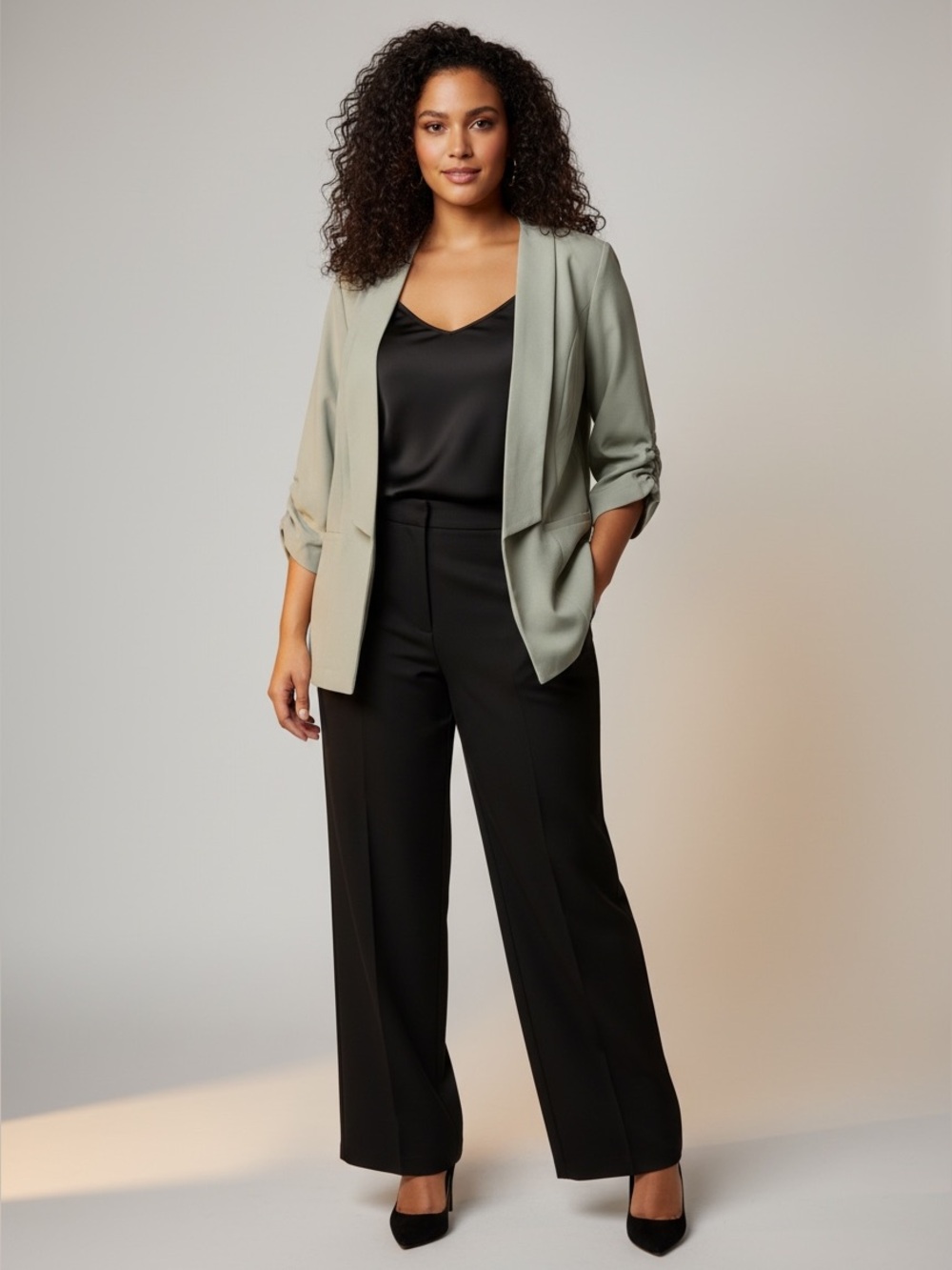 Torrid Ruched Sleeve Open Blazer Jacket Stretch Sage Green Size 4 or 4X